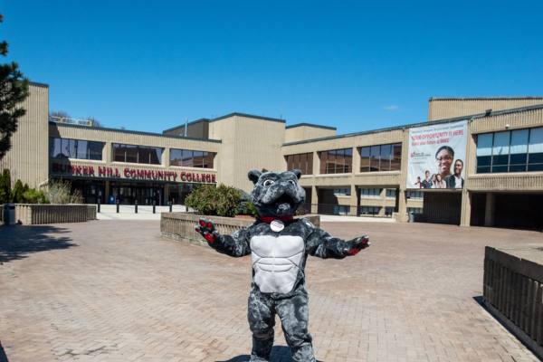 BHCC mascot in front of main entrance