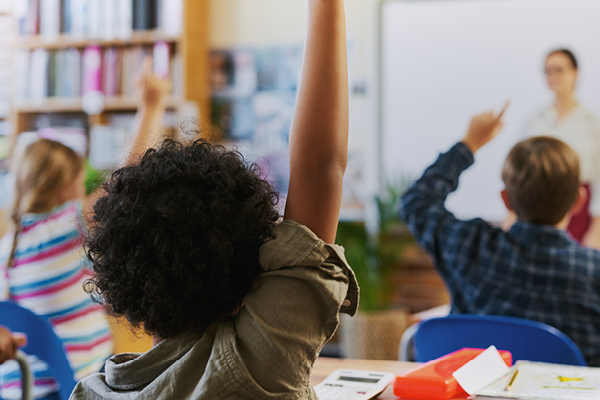 Students raising their hands in a classroom