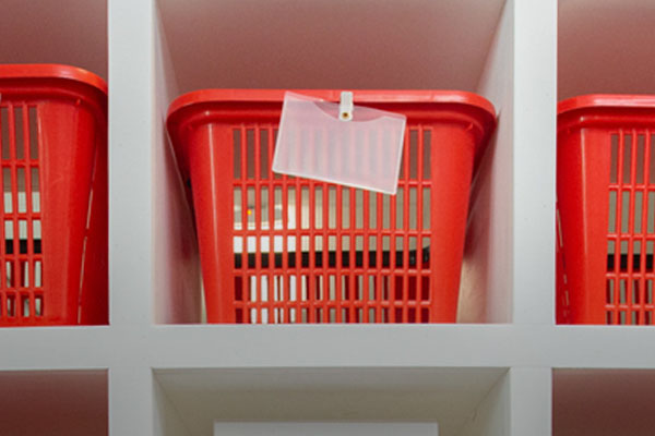 shopping baskets on a shelf