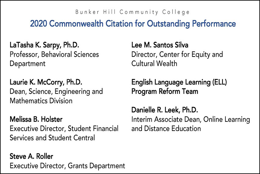 Bunker Hill Community College LaTasha K. Sarpy, Ph.D. Professor, Behavioral Sciences Department Laurie K. McCorry, Ph.D. Dean, Science, Engineering and Mathematics Division Melissa B. Holster Executive Director, Student Financial Services and Student Central Steve A. Roller Executive Director, Grants Department Lee M. Santos Silva Director, Center for Equity and Cultural Wealth English Language Le