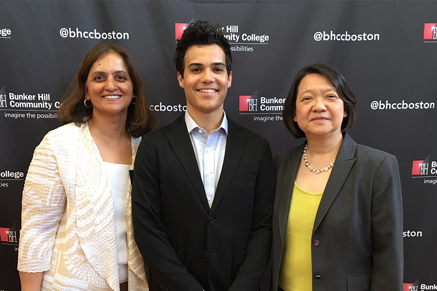 Pam Eddinger with Professor Kadambi and BHCC graduate Daniel Villarreal