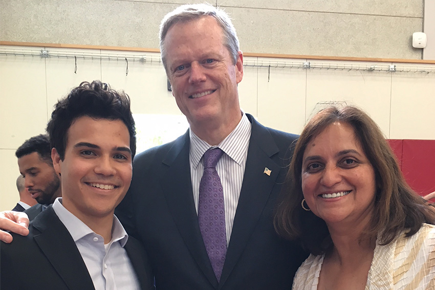 Governer Baker with Professor Kadambi and BHCC graduate Daniel Villarreal