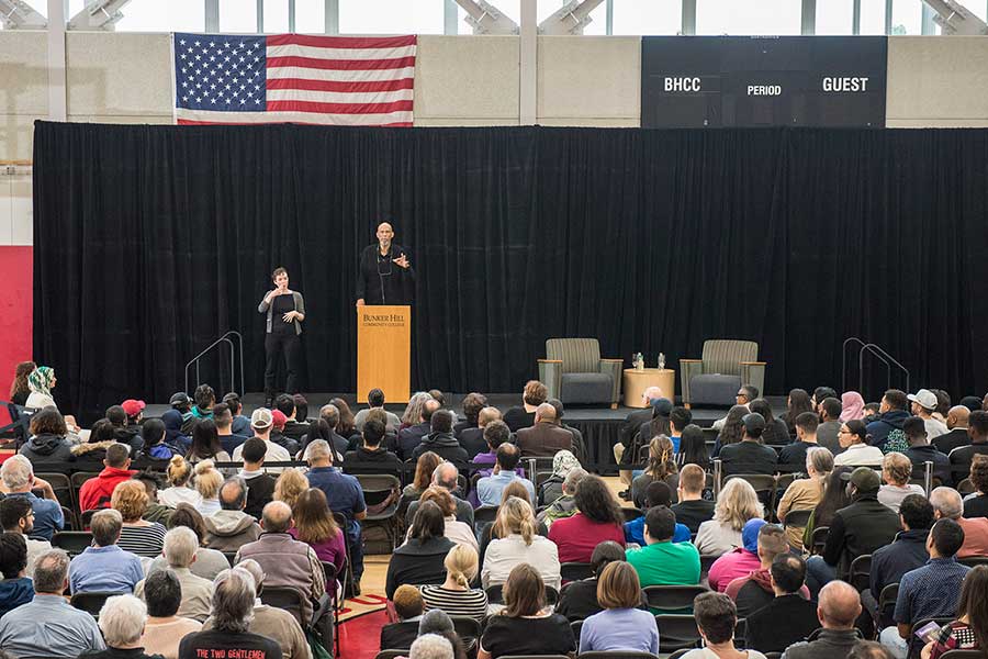 Kareem Abdul-Jabbar addressing BHCC audience