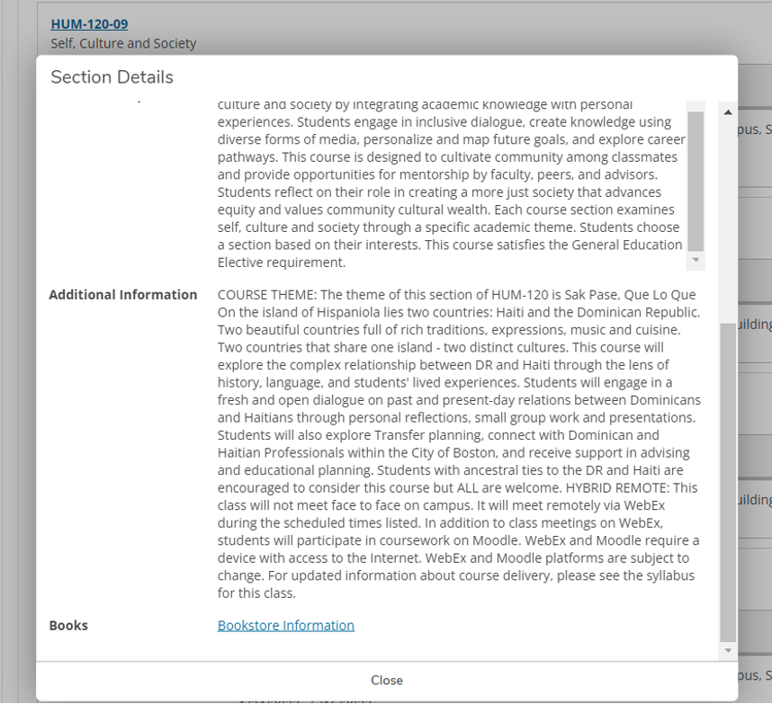 Screenshot of selfservice showing how to identify the class HUM-120 in the course list