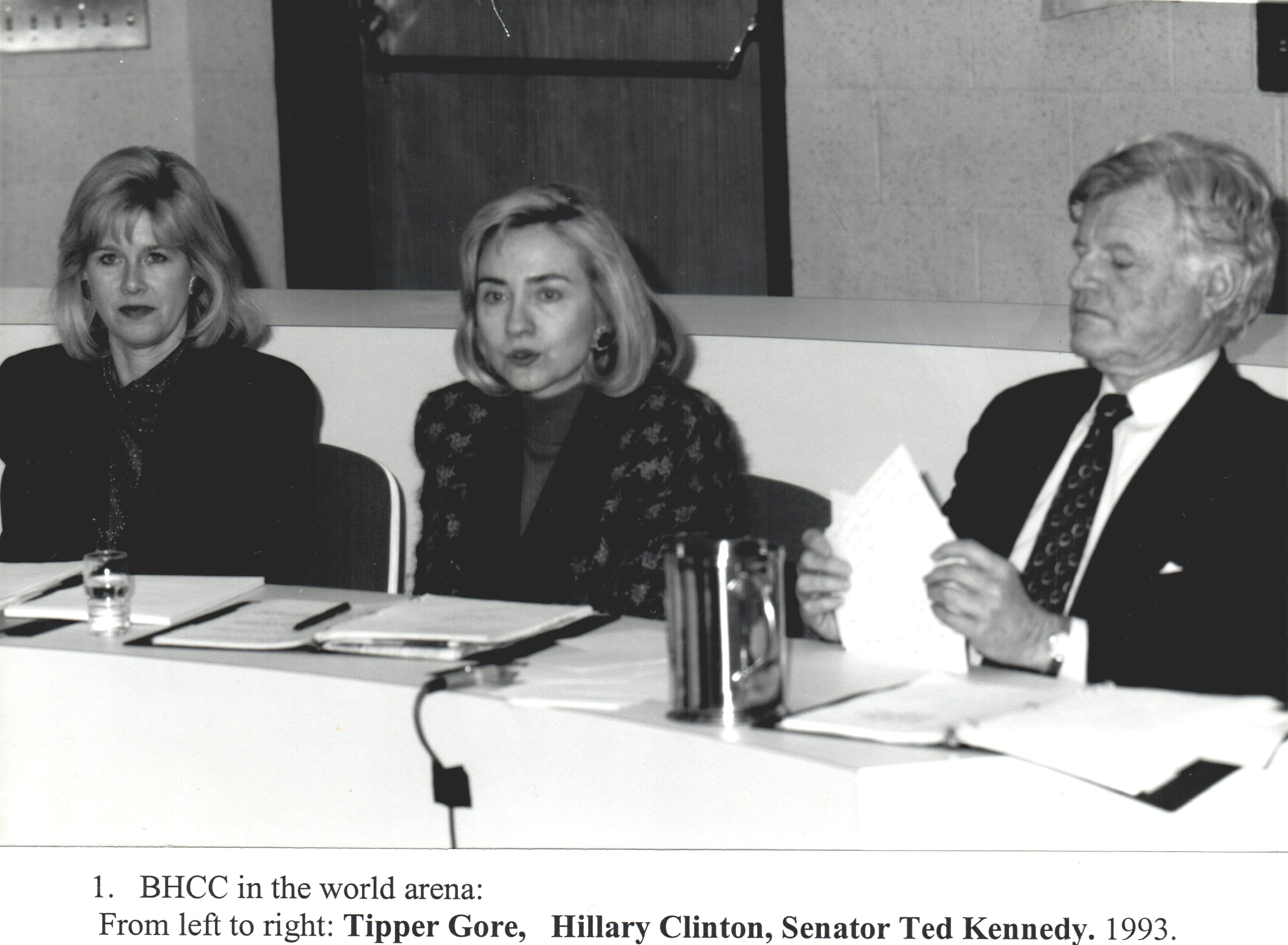 Clinton_Gore_Kennedy93.jpg - Black and White Photo Showing Tipper Gore, Hillary Clinton and Ted Kennedy at BHCC (Names listed Left to Right)