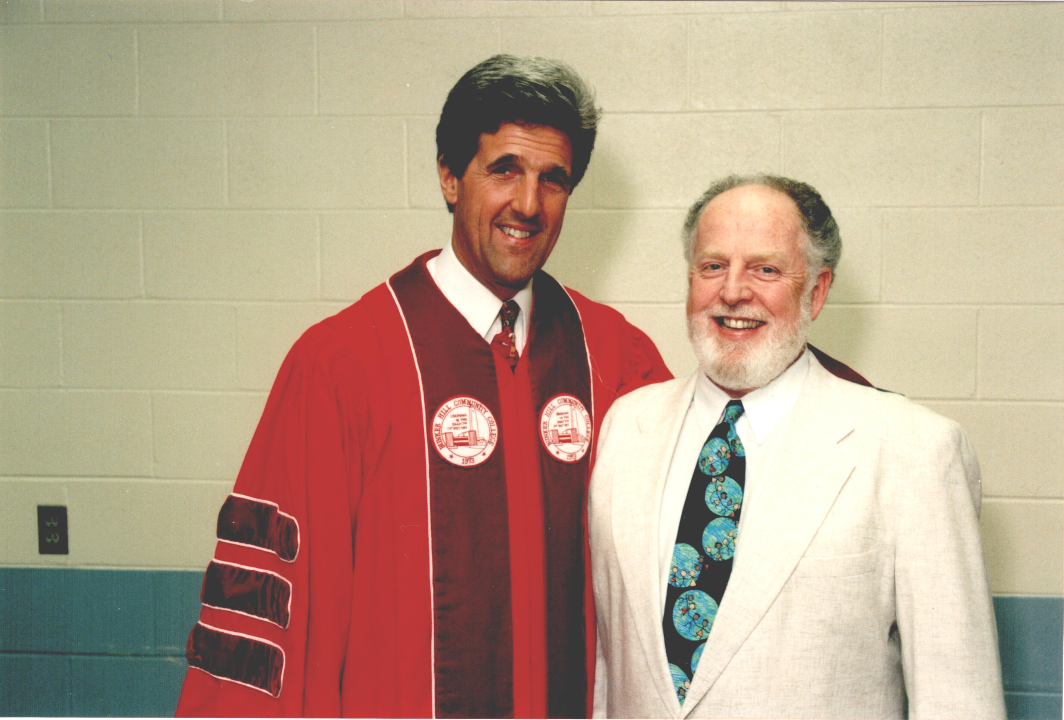 John_Kerry_Commencement97.jpg - Senator John Kerry in BHCC graduation regalia next to faculty member