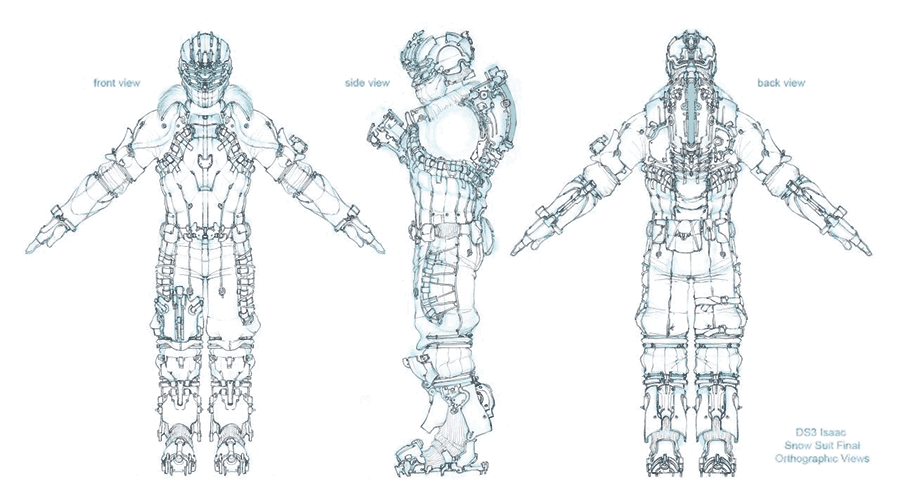 Science in Space: Space Suit Schematic. Front, side and back views.