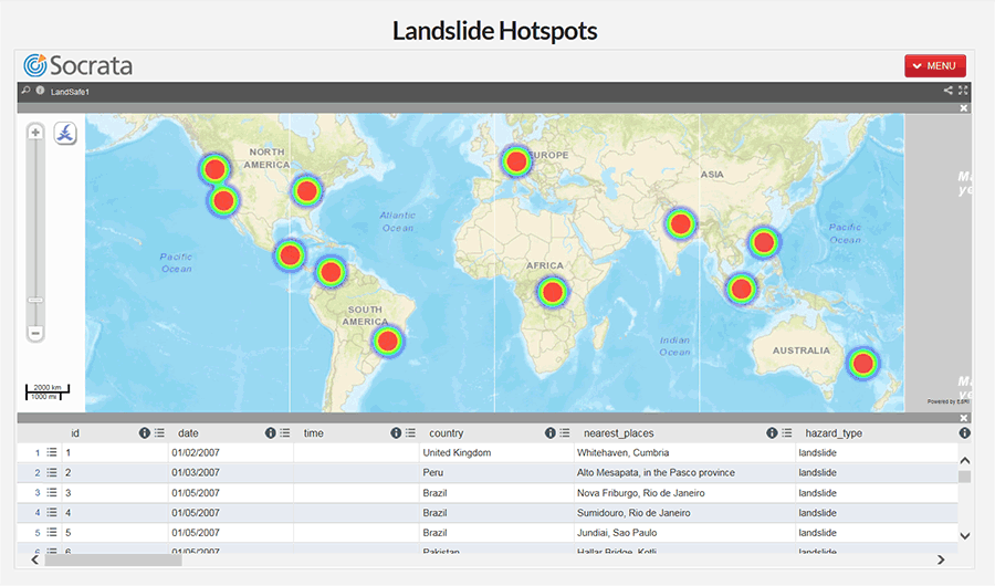 Socrata Landslide Hotspots Heat Map and List.