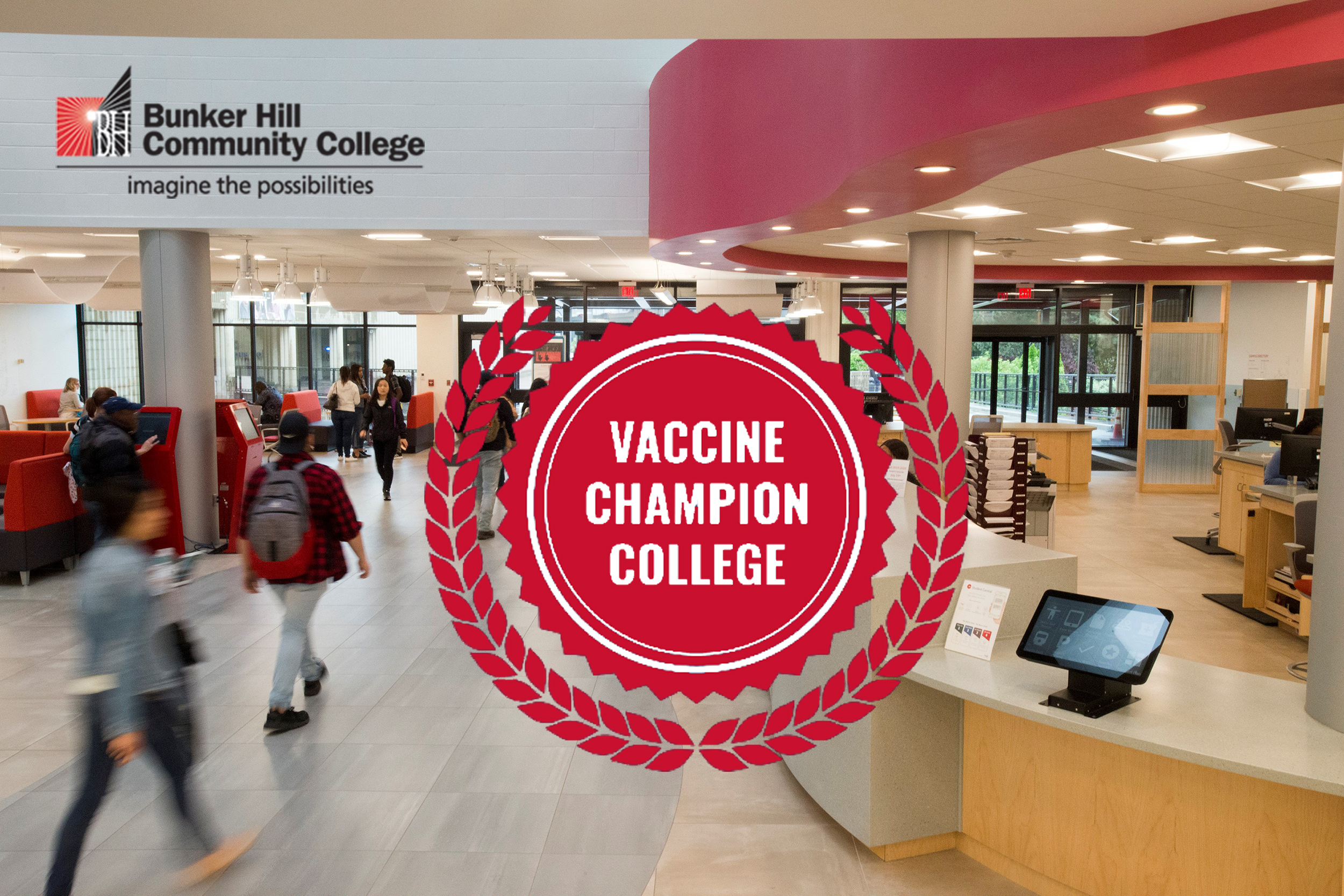 Vaccine Champion College logo over a photo of student central