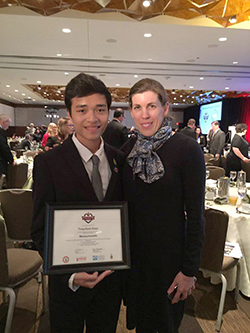 016 Coca-Cola New Century Scholar Tung Doan, with his mentor Karen Atkinson, a professor in BHCC’s Science and Engineering Department. 