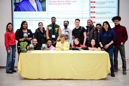 Sonia Manzano posing with BHCC staff and students