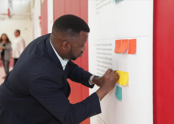 adding post-it notes to the idea wall at the retreat